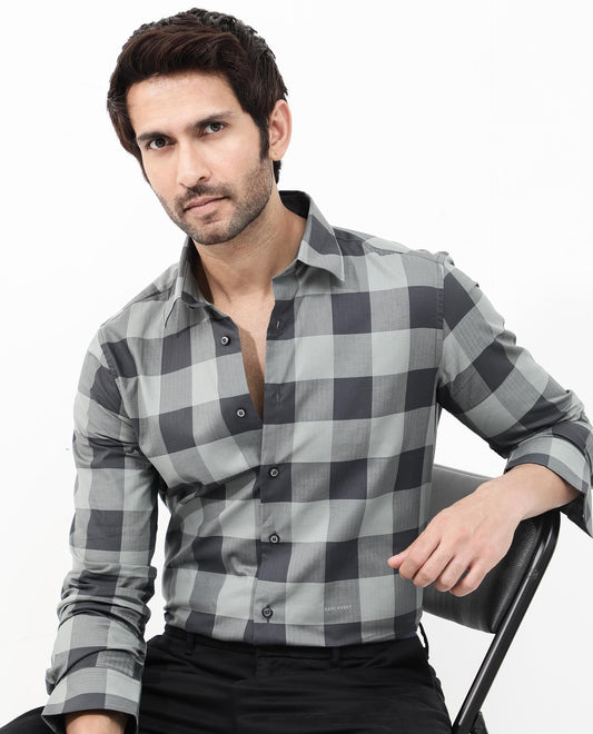 Rare Rabbit Men's Amos Grey Cotton Checked Print Regular Fit Full Sleeve Collared Shirt
