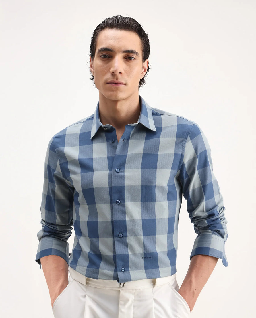 Rare Rabbit Men's Amos Blue Cotton Checked Print Regular Fit Full Sleeve Collared Shirt