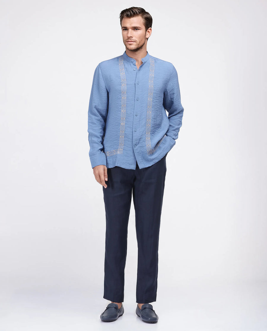 Rare Rabbit Men's Amos-Emb Blue Viscose Blend Embroidered Regular Fit Full Sleeve Collared Shirt