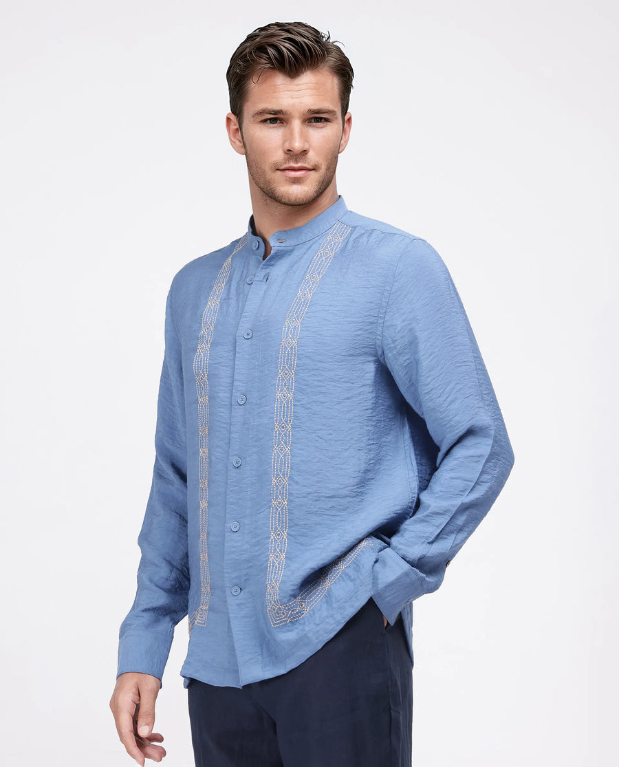 Rare Rabbit Men's Amos-Emb Blue Viscose Blend Embroidered Regular Fit Full Sleeve Collared Shirt