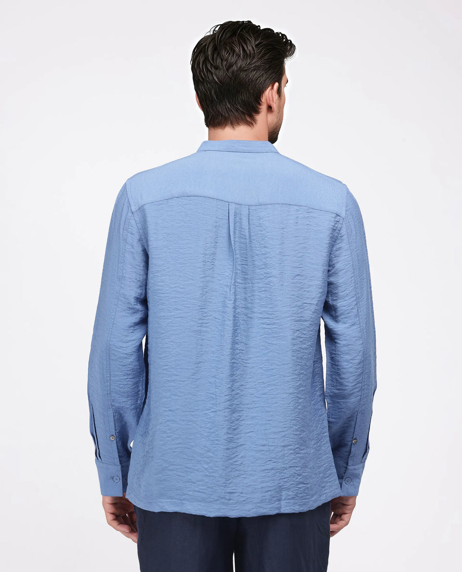 Rare Rabbit Men's Amos-Emb Blue Viscose Blend Embroidered Regular Fit Full Sleeve Collared Shirt