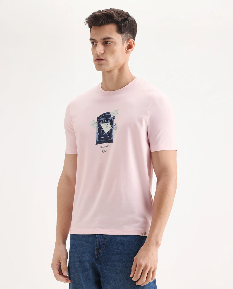 Rare Rabbit Men's Amos Pastel Pink Cotton Blend Graphic Print Regular Fit Half Sleeve Crew Neck T-Shirt