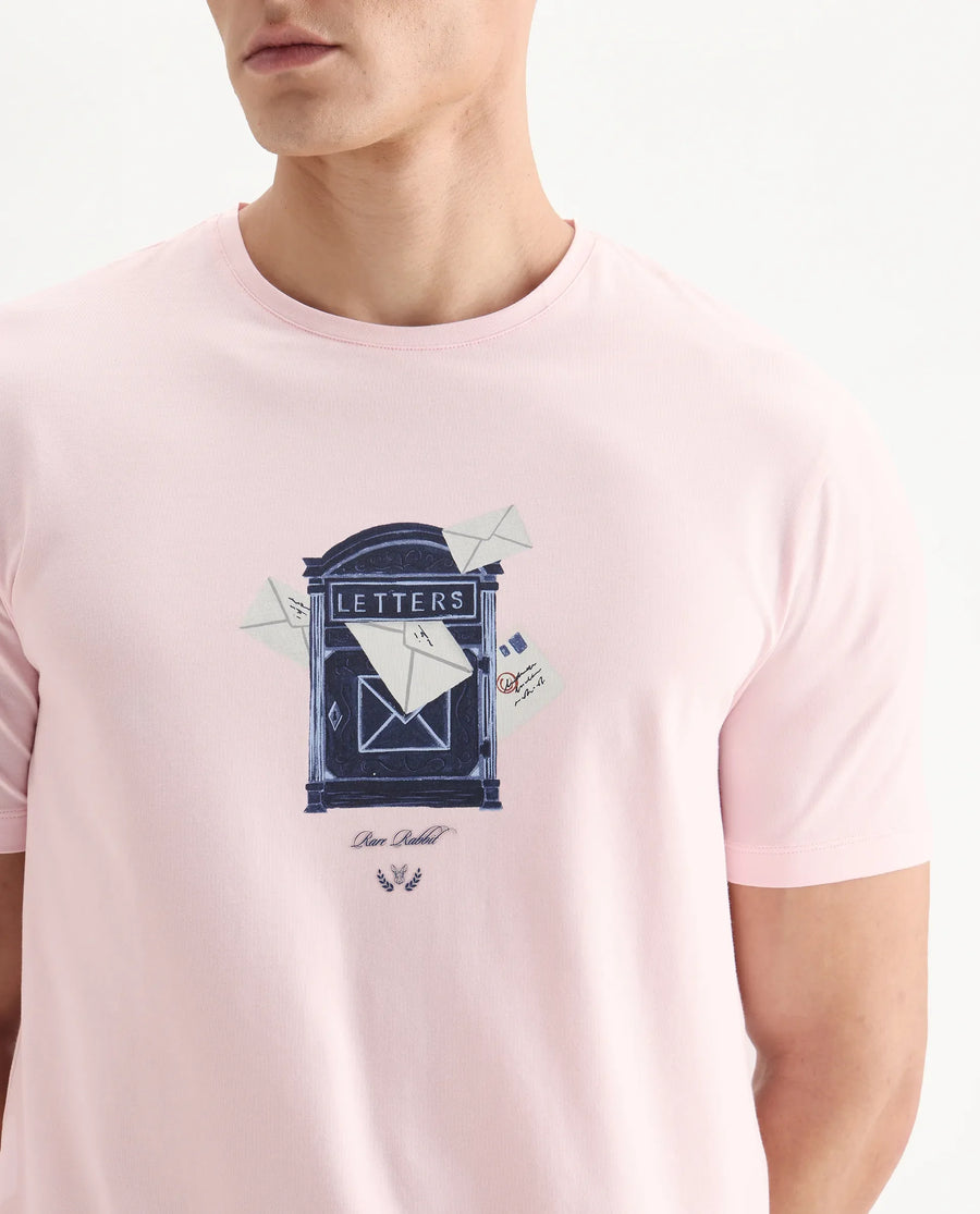 Rare Rabbit Men's Amos Pastel Pink Cotton Blend Graphic Print Regular Fit Half Sleeve Crew Neck T-Shirt
