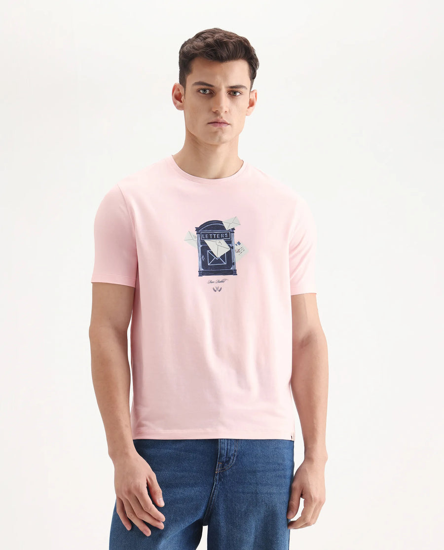 Rare Rabbit Men's Amos Pastel Pink Cotton Blend Graphic Print Regular Fit Half Sleeve Crew Neck T-Shirt