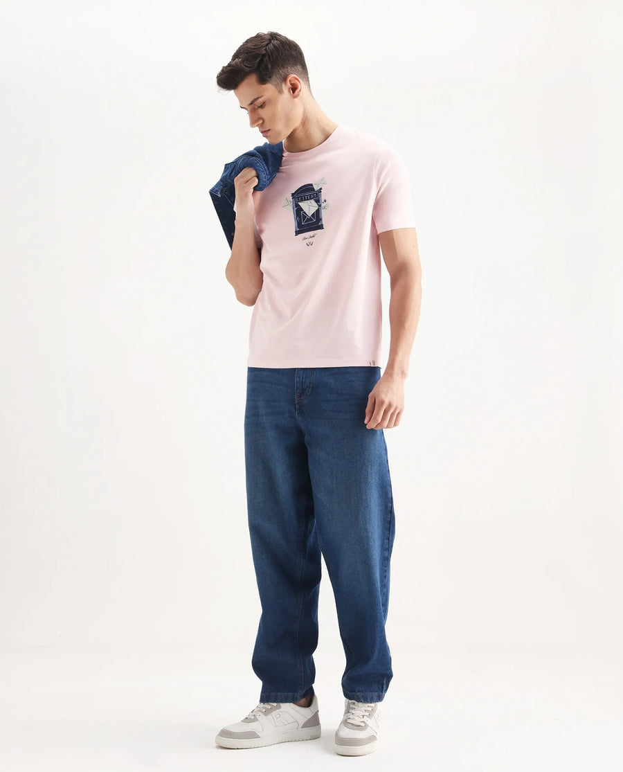Rare Rabbit Men's Amos Pastel Pink Cotton Blend Graphic Print Regular Fit Half Sleeve Crew Neck T-Shirt