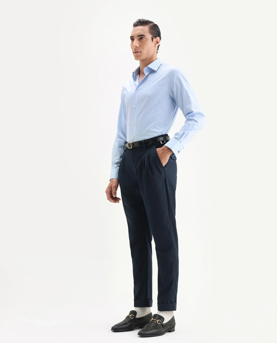 Rare Rabbit Men's Amosy Navy Cotton Striped Print Relaxed Fit Trouser