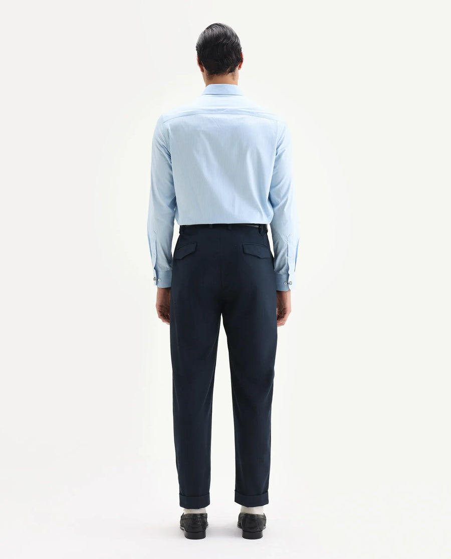 Rare Rabbit Men's Amosy Navy Cotton Striped Print Relaxed Fit Trouser