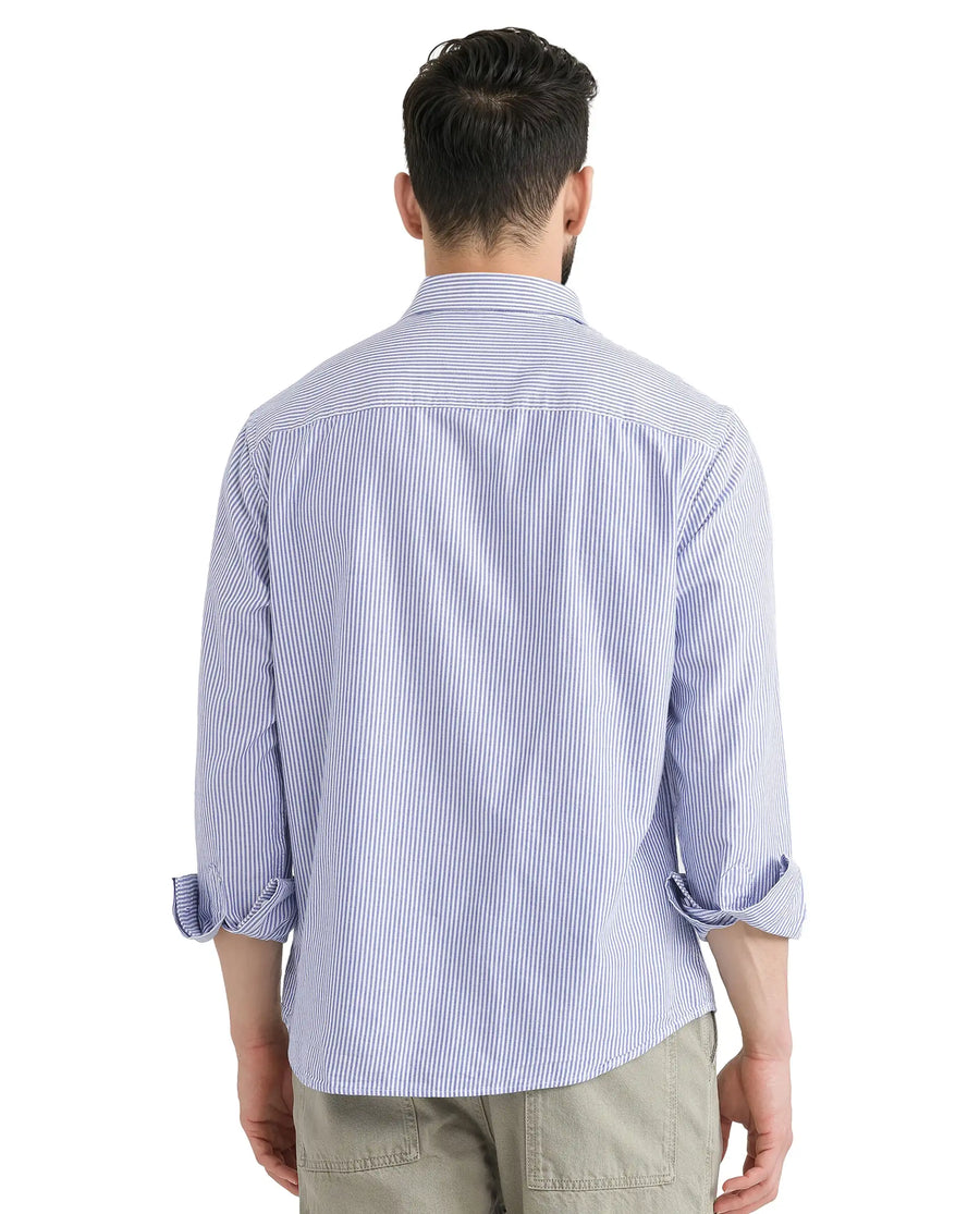 Rare Rabbit Men's Amot White Cotton Striped Print Regular Fit Full Sleeve Collared Shirt