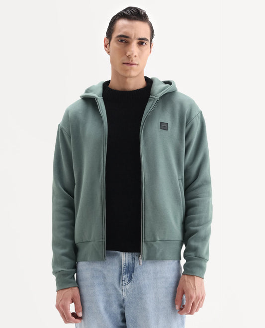 Rare Rabbit Men's Anderson-T25 Dusky Green Cotton Blend Plain Regular Fit Full Sleeve Hooded Sweatshirt