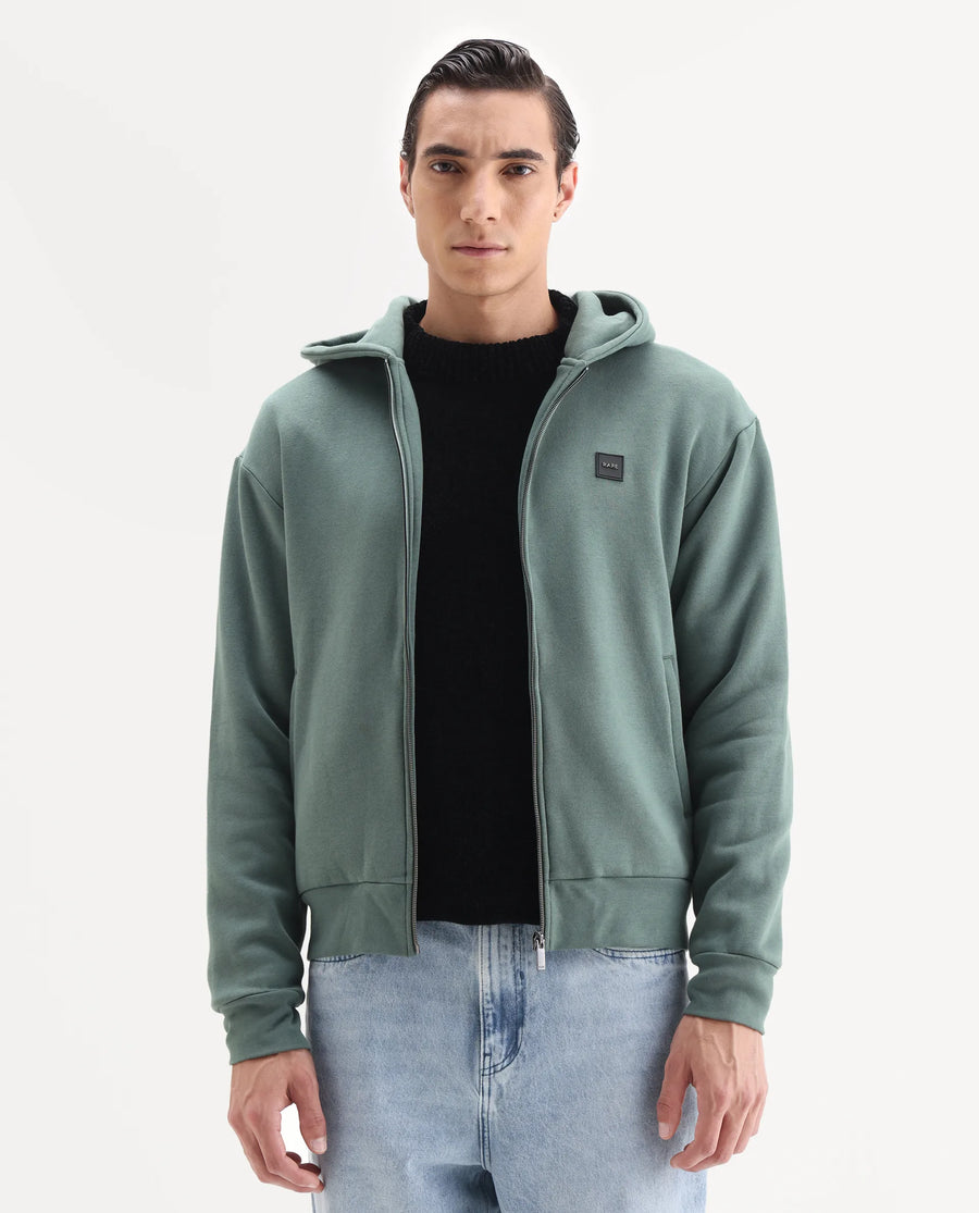 Rare Rabbit Men's Anderson-T25 Dusky Green Cotton Blend Plain Regular Fit Full Sleeve Hooded Sweatshirt