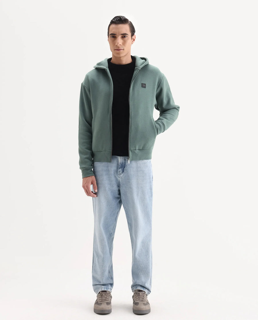 Rare Rabbit Men's Anderson-T25 Dusky Green Cotton Blend Plain Regular Fit Full Sleeve Hooded Sweatshirt