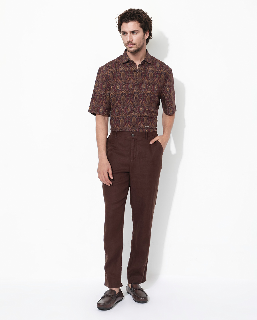 Rare Rabbit Men's Andin Brown Viscose Floral Print Boxy Fit Half Sleeve Collared Shirt