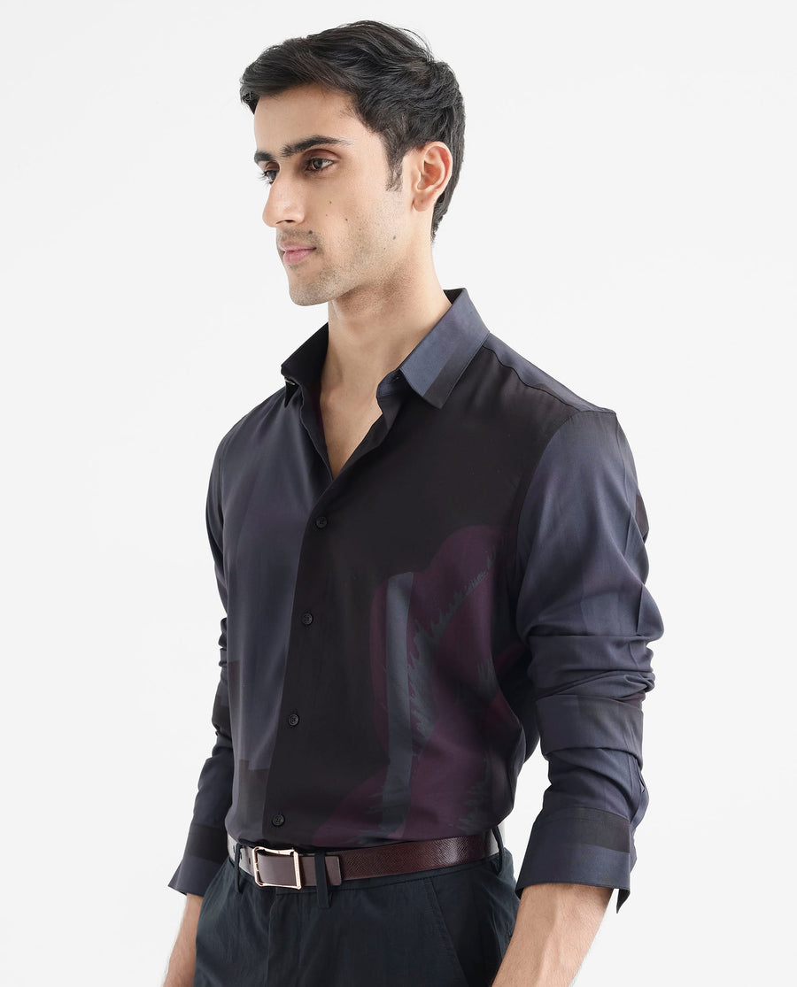 Rare Rabbit Men's Andron Dark Viscose Abstract Print Regular Fit Full Sleeve Collared Shirt