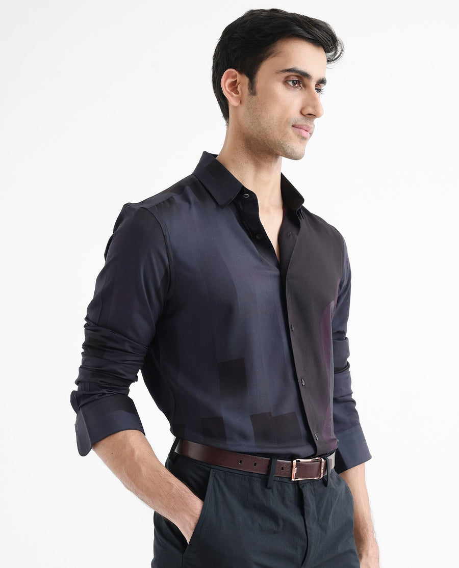 Rare Rabbit Men's Andron Dark Viscose Abstract Print Regular Fit Full Sleeve Collared Shirt