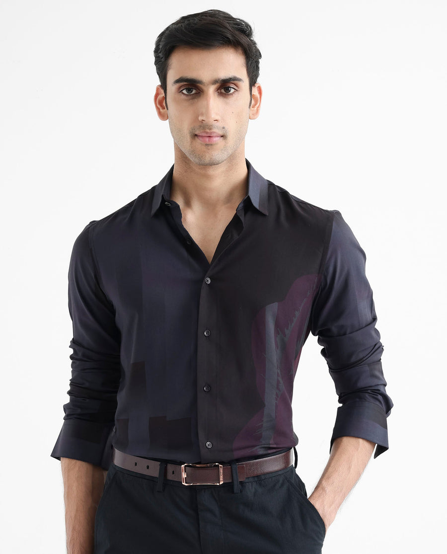 Rare Rabbit Men's Andron Dark Viscose Abstract Print Regular Fit Full Sleeve Collared Shirt