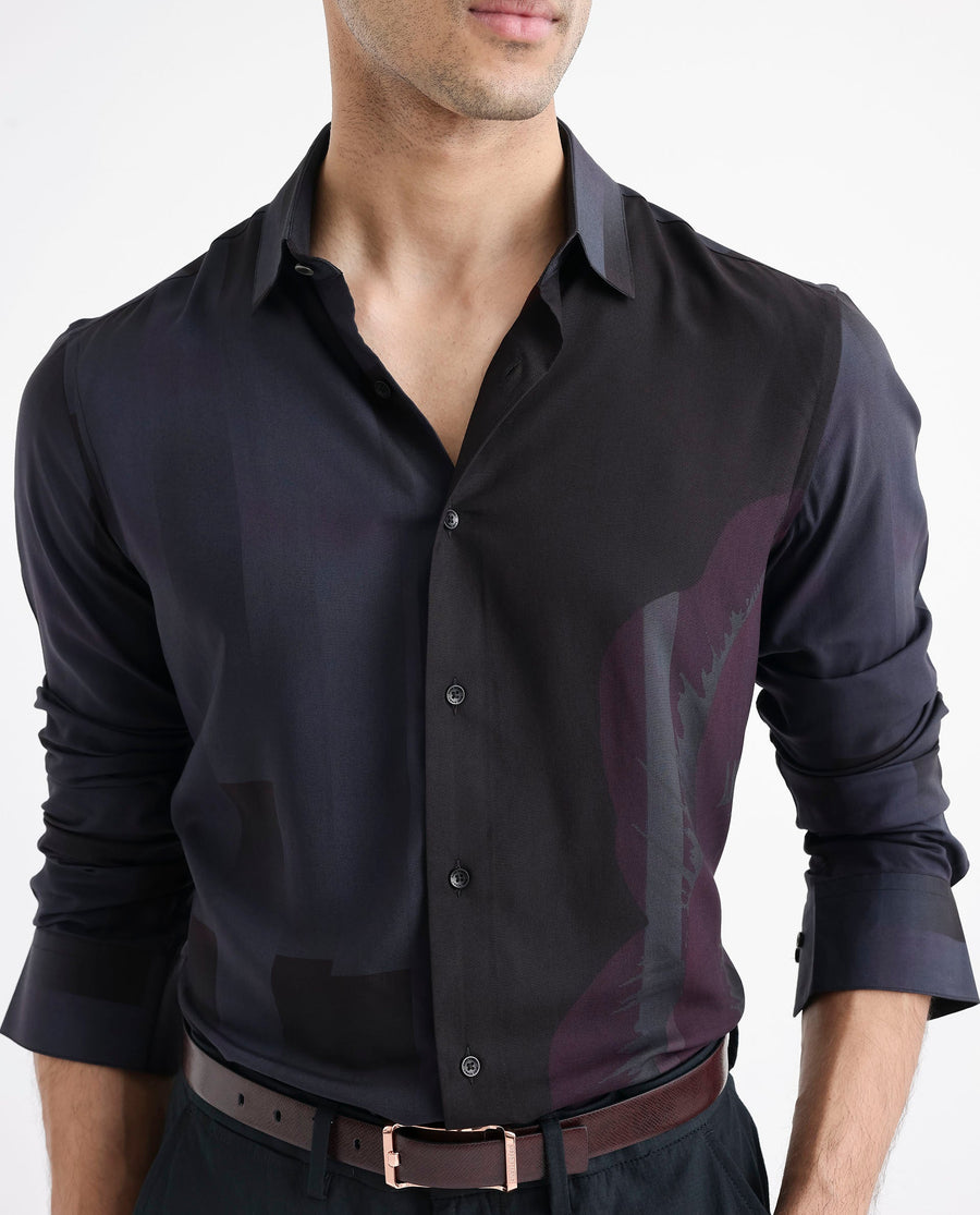 Rare Rabbit Men's Andron Dark Viscose Abstract Print Regular Fit Full Sleeve Collared Shirt