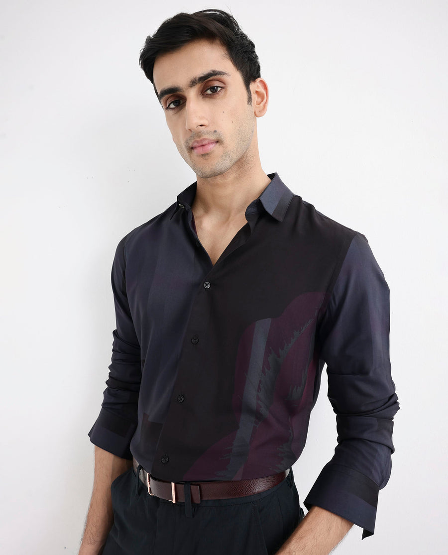 Rare Rabbit Men's Andron Dark Viscose Abstract Print Regular Fit Full Sleeve Collared Shirt