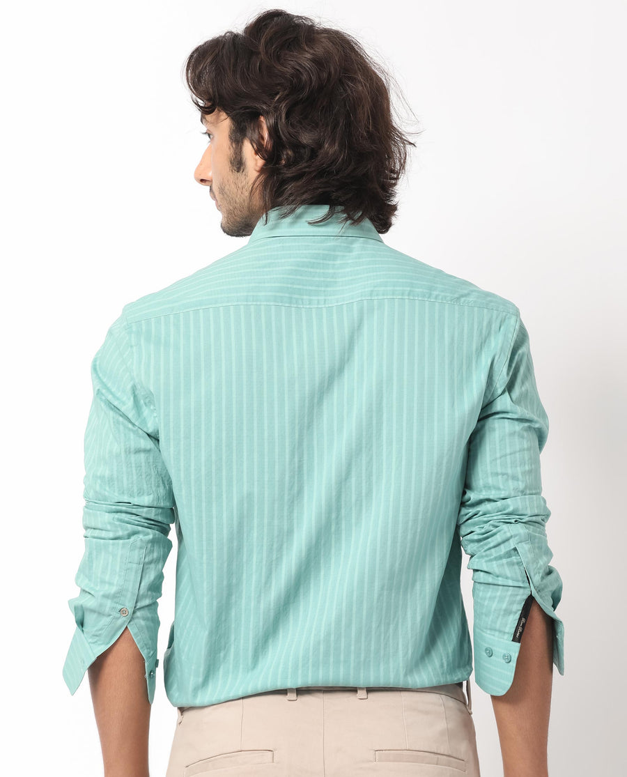 Rare Rabbit Men's Anemo Dusky Turq Cotton Striped Print Regular Fit Full Sleeve Collared Shirt