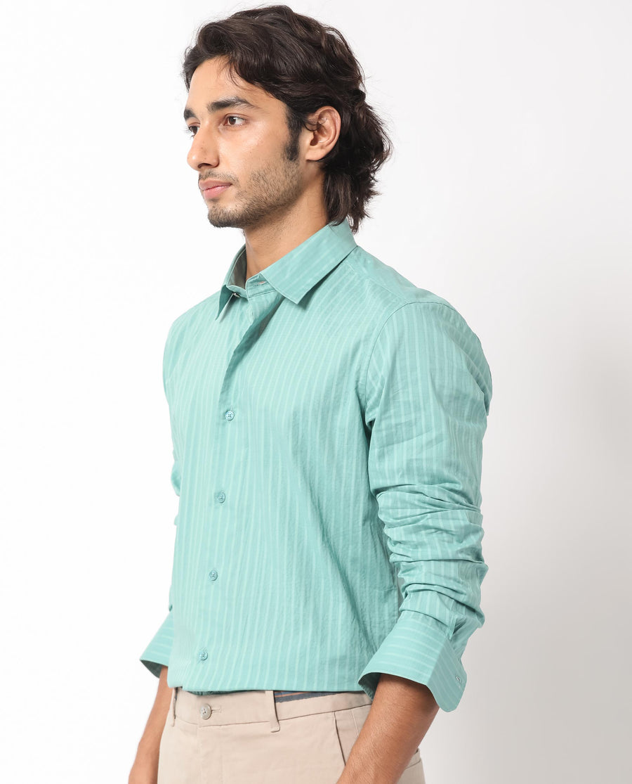 Rare Rabbit Men's Anemo Dusky Turq Cotton Striped Print Regular Fit Full Sleeve Collared Shirt