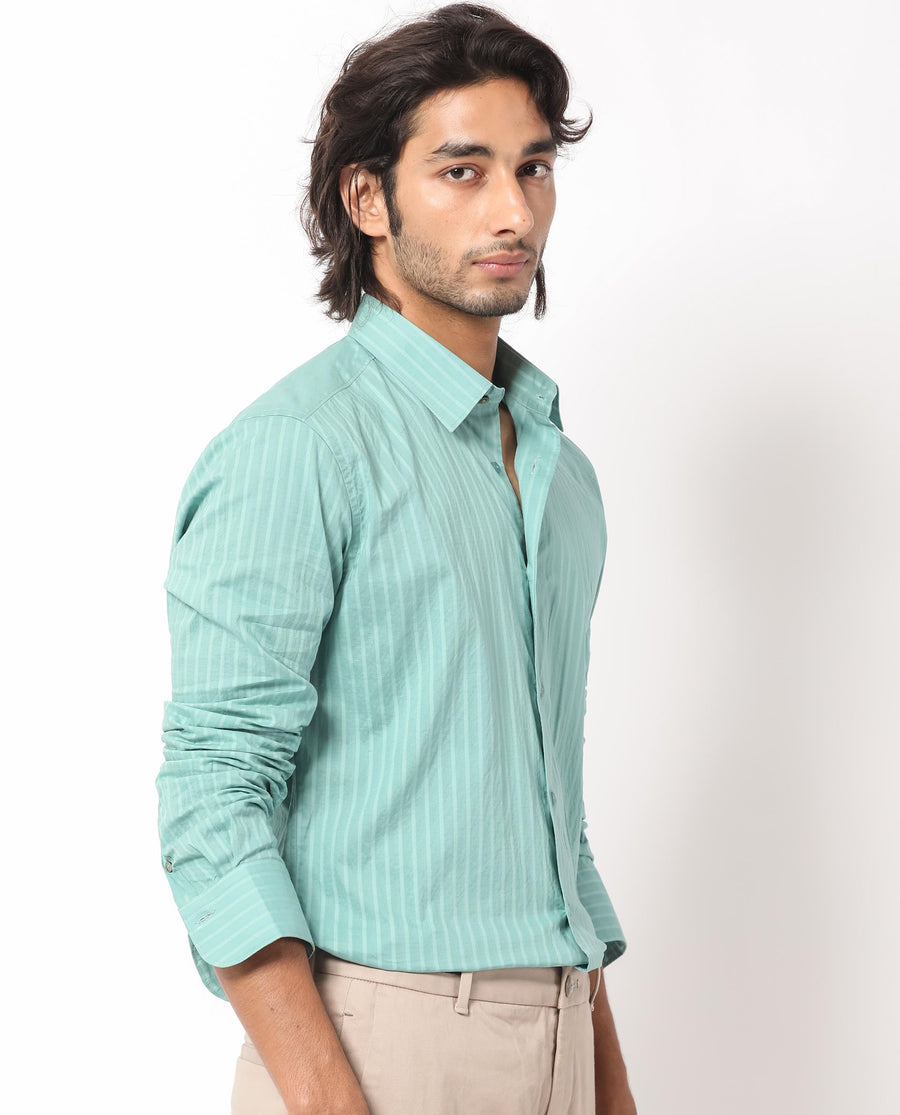 Rare Rabbit Men's Anemo Dusky Turq Cotton Striped Print Regular Fit Full Sleeve Collared Shirt