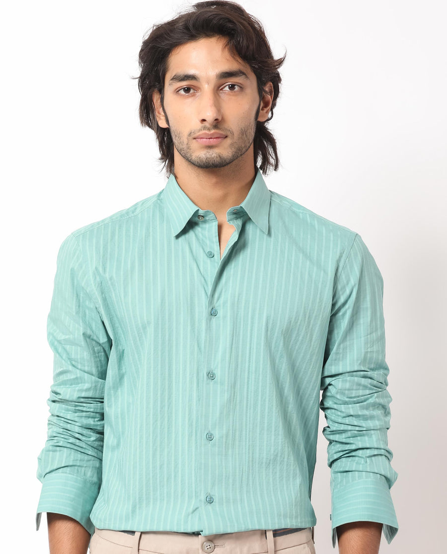 Rare Rabbit Men's Anemo Dusky Turq Cotton Striped Print Regular Fit Full Sleeve Collared Shirt