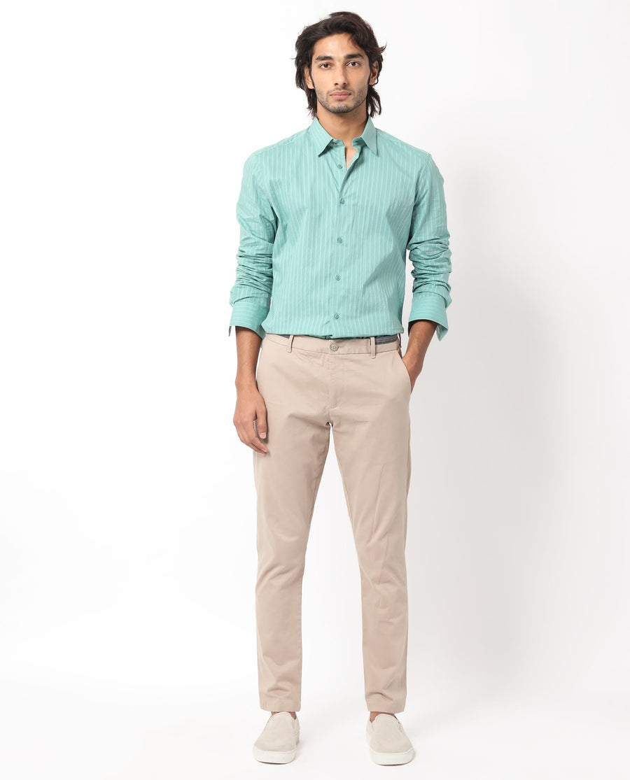 Rare Rabbit Men's Anemo Dusky Turq Cotton Striped Print Regular Fit Full Sleeve Collared Shirt