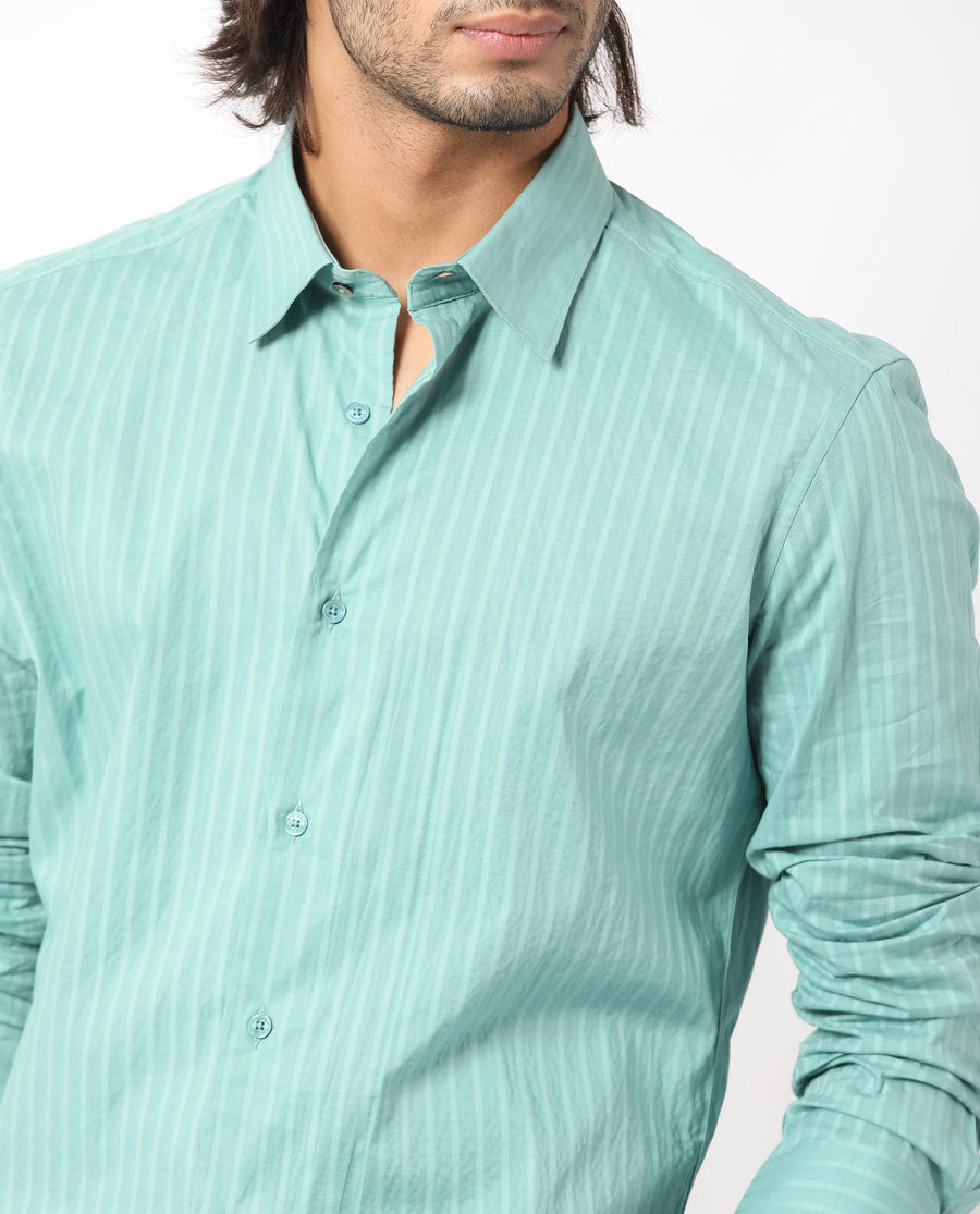 Rare Rabbit Men's Anemo Dusky Turq Cotton Striped Print Regular Fit Full Sleeve Collared Shirt
