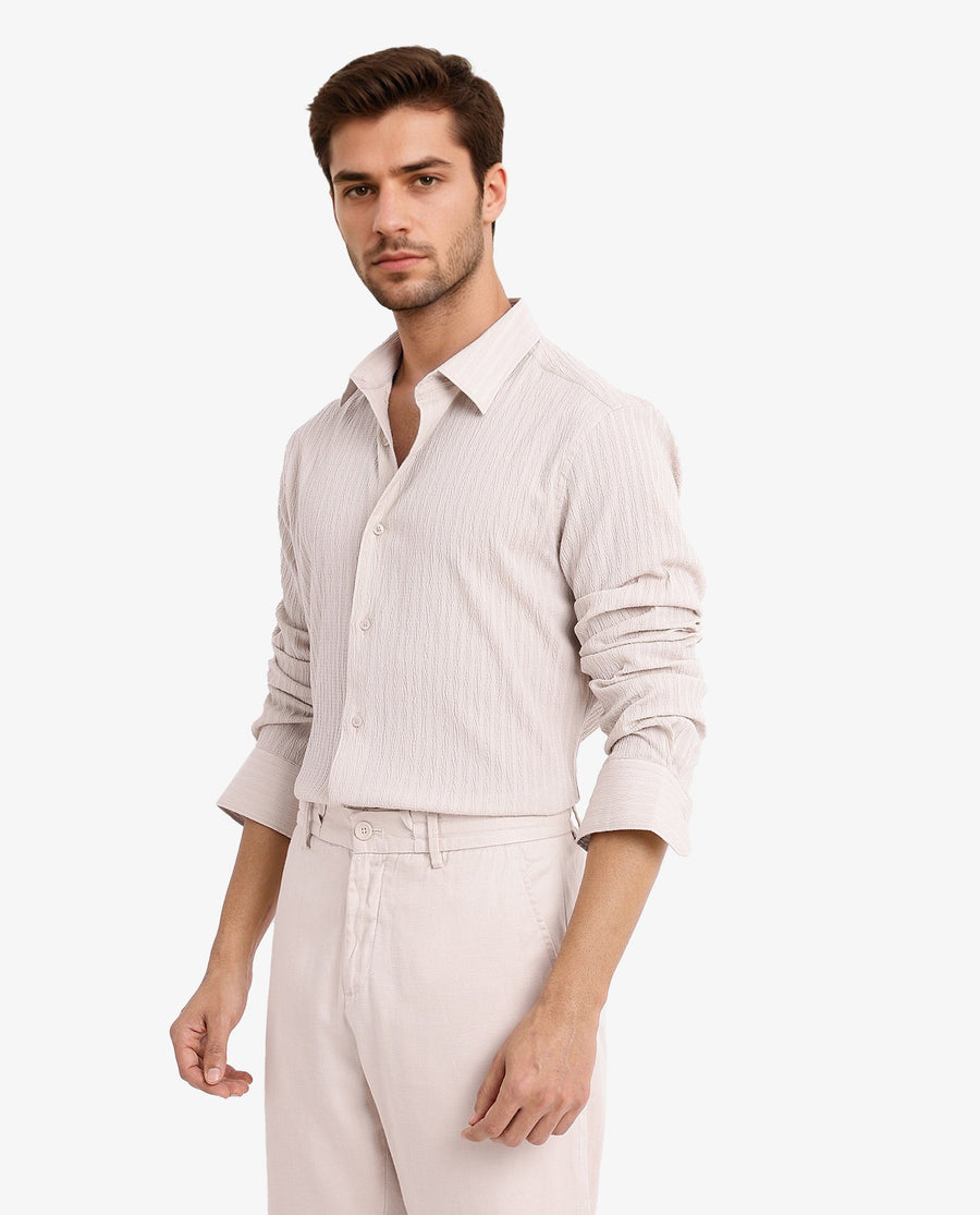 Rare Rabbit Men's Anemo Beige Cotton Striped Print Regular Fit Full Sleeve Collared Shirt