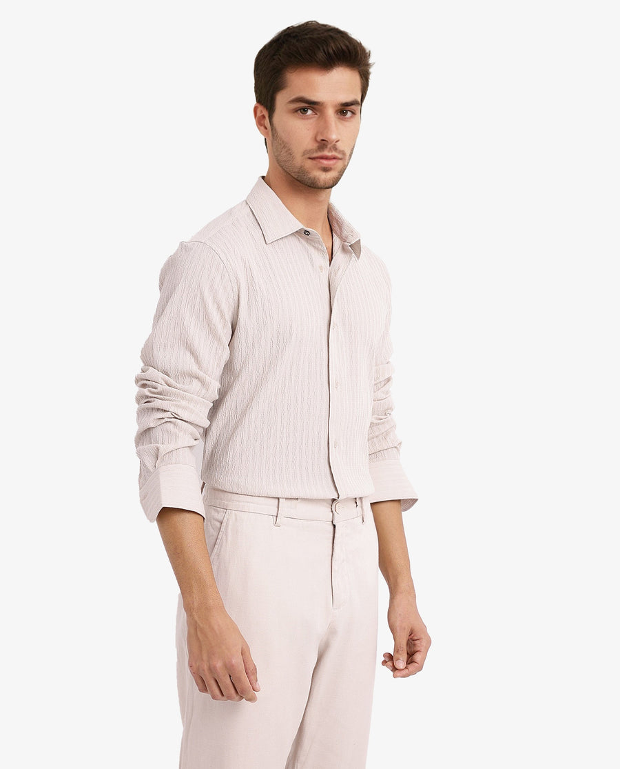 Rare Rabbit Men's Anemo Beige Cotton Striped Print Regular Fit Full Sleeve Collared Shirt