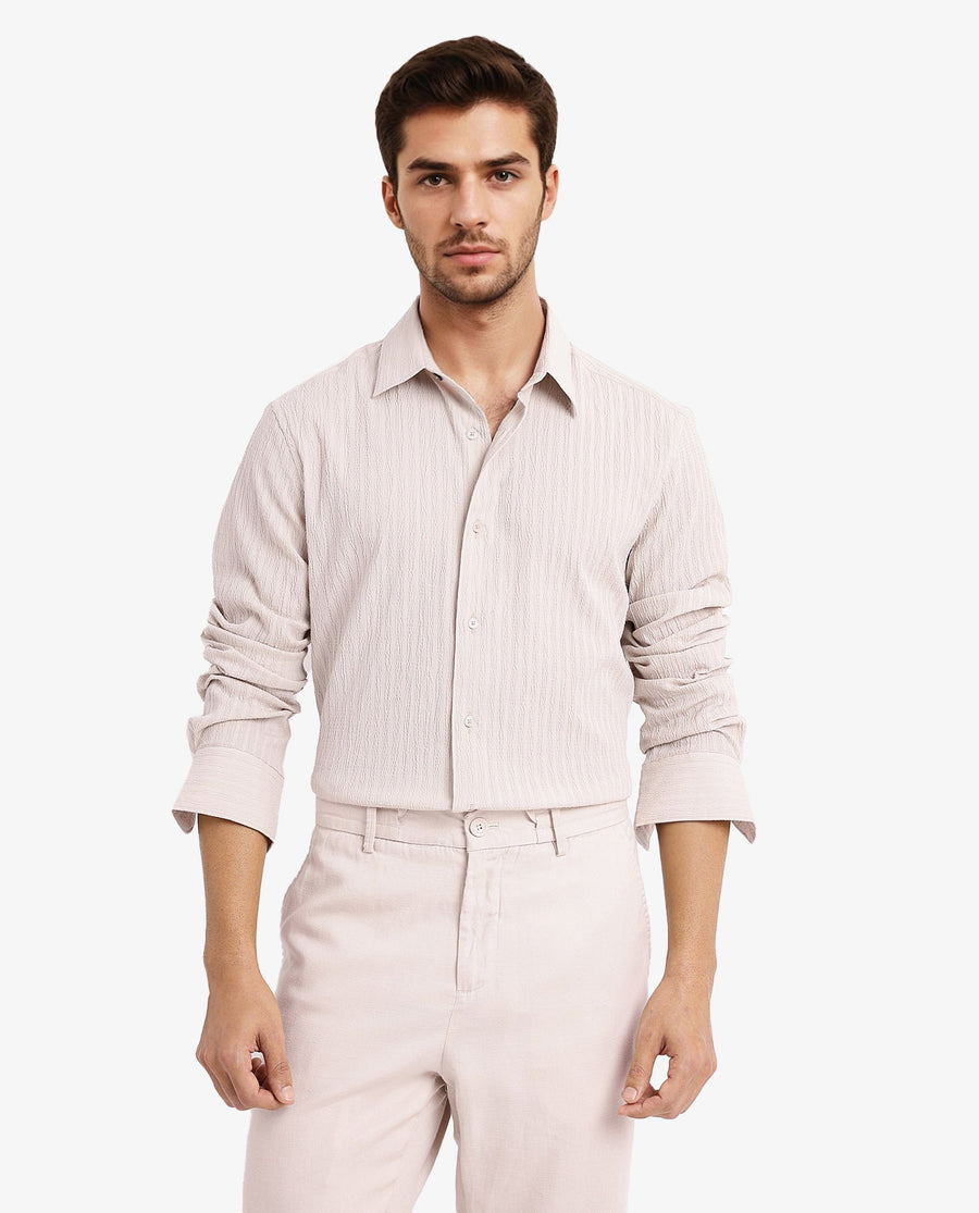 Rare Rabbit Men's Anemo Beige Cotton Striped Print Regular Fit Full Sleeve Collared Shirt