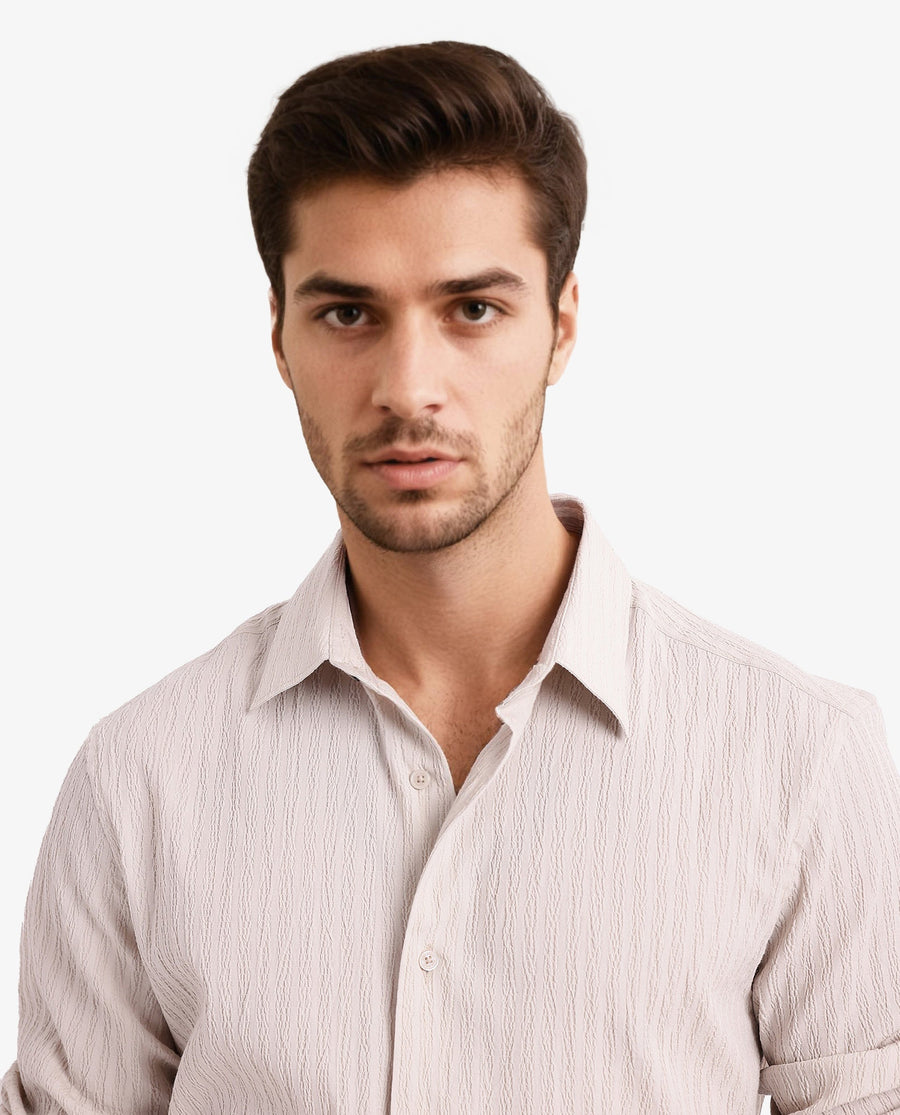 Rare Rabbit Men's Anemo Beige Cotton Striped Print Regular Fit Full Sleeve Collared Shirt