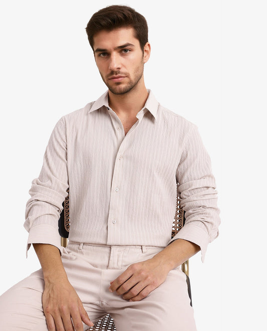 Rare Rabbit Men's Anemo Beige Cotton Striped Print Regular Fit Full Sleeve Collared Shirt