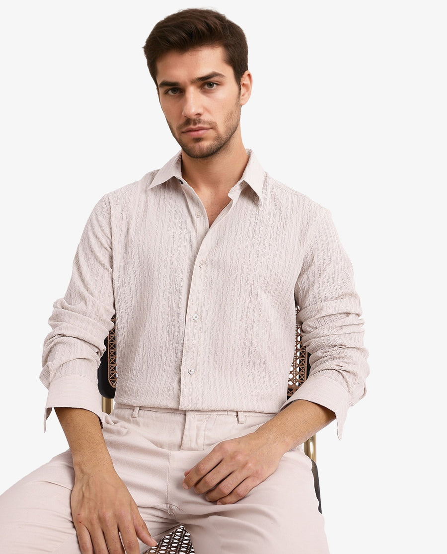 Rare Rabbit Men's Anemo Beige Cotton Striped Print Regular Fit Full Sleeve Collared Shirt