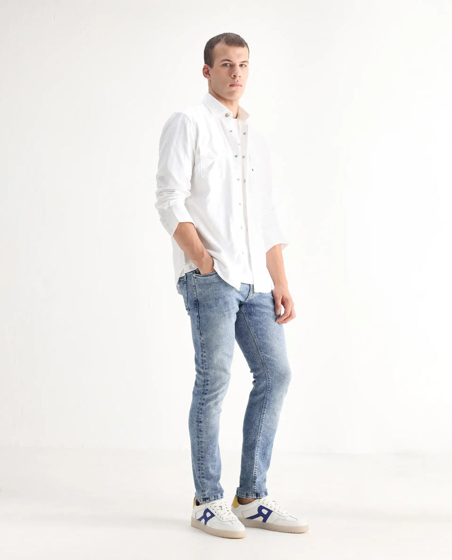 Rare Rabbit Men's Anton Light Blue Cotton Blend Plain Hawk Slim Fit Jeans