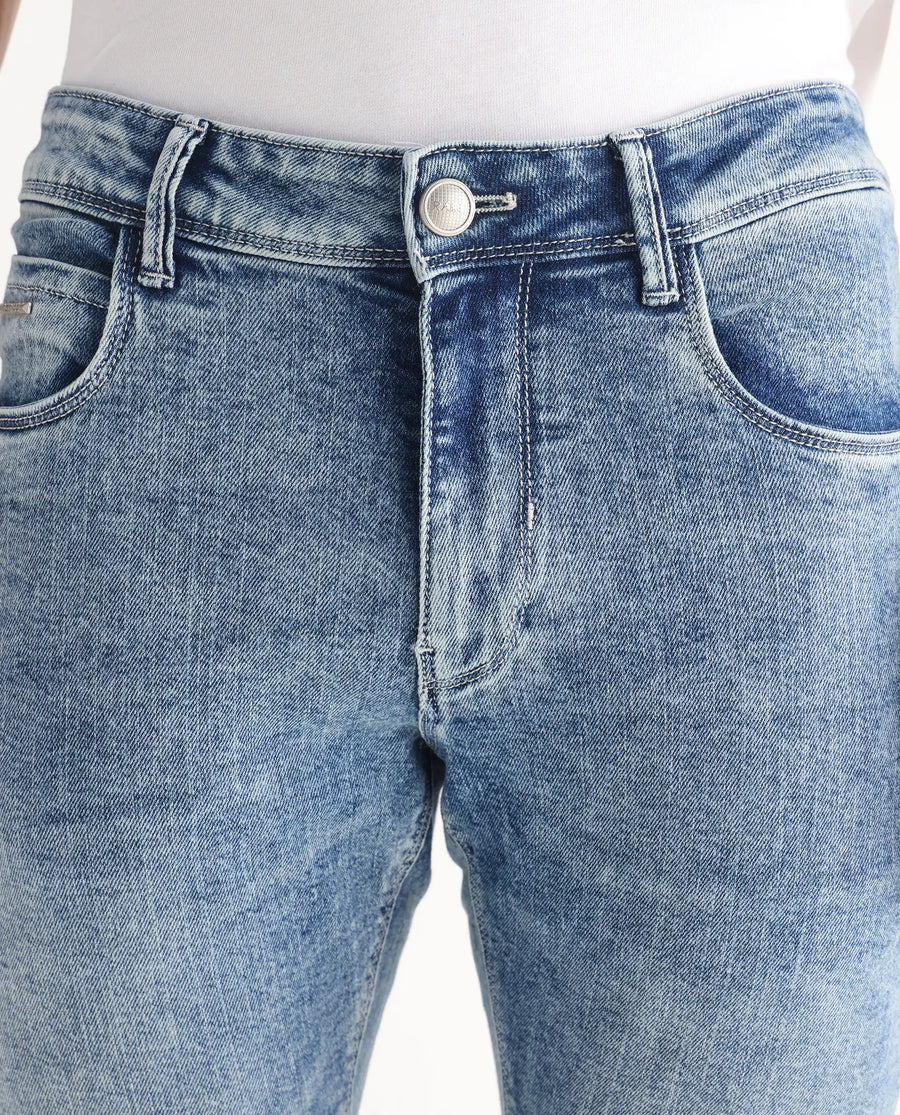 Rare Rabbit Men's Anton Light Blue Cotton Blend Plain Hawk Slim Fit Jeans