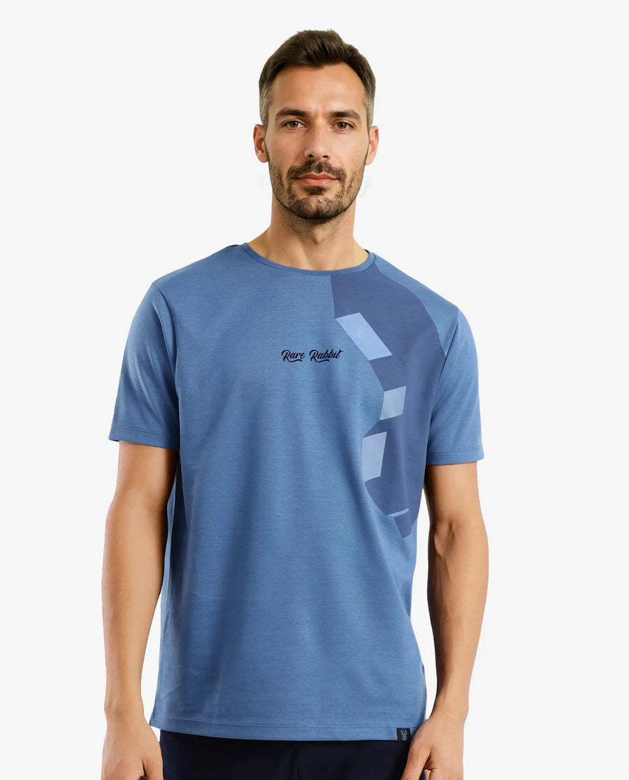 Rare Rabbit Men's Antu Blue Cotton Graphic Print Regular Fit Half Sleeve Crew Neck T-Shirt