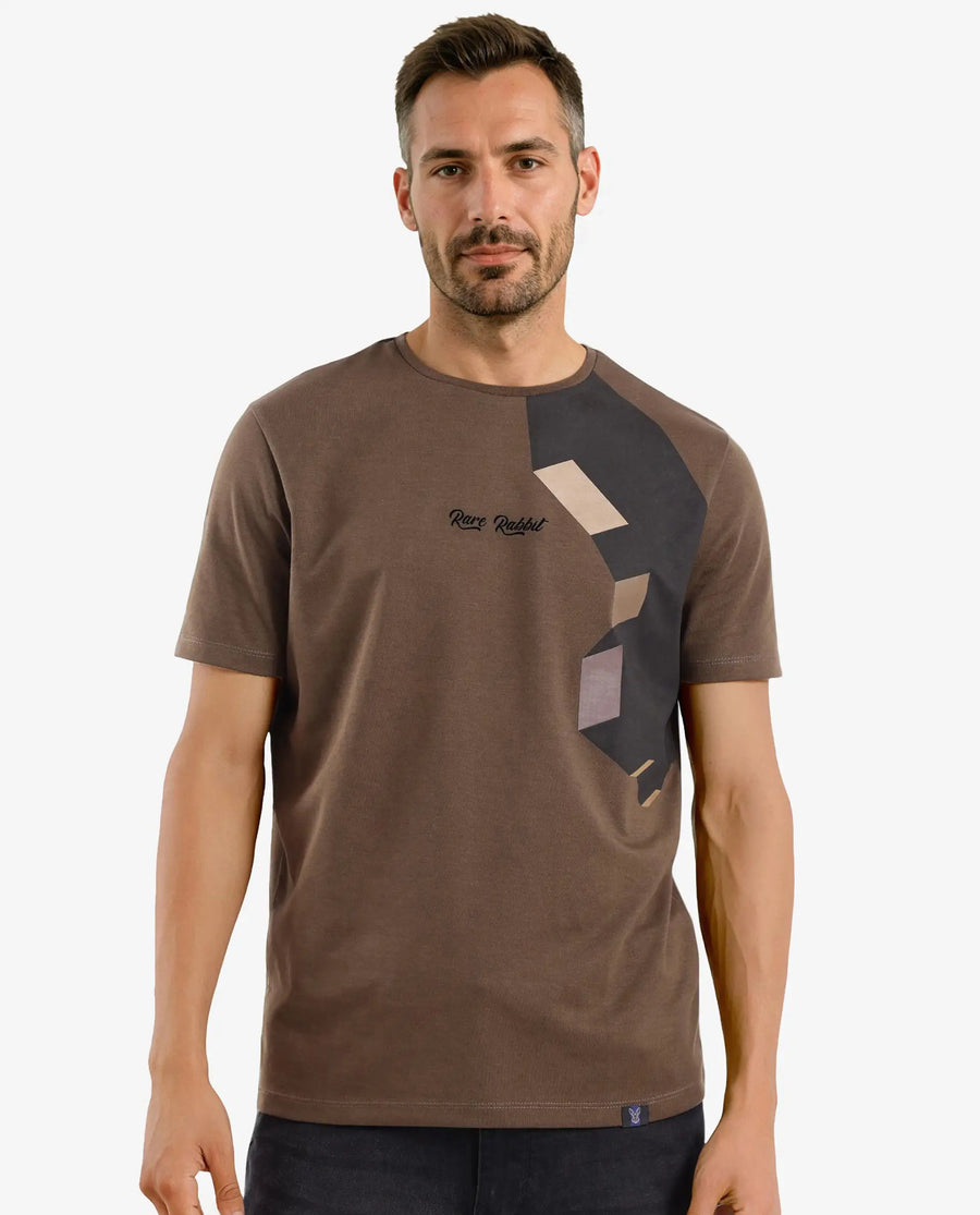 Rare Rabbit Men's Antu Olive Cotton Blend Graphic Print Regular Fit Half Sleeve Crew Neck T-Shirt
