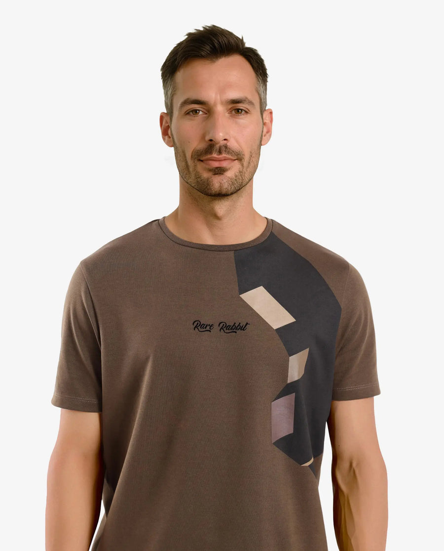 Rare Rabbit Men's Antu Olive Cotton Blend Graphic Print Regular Fit Half Sleeve Crew Neck T-Shirt