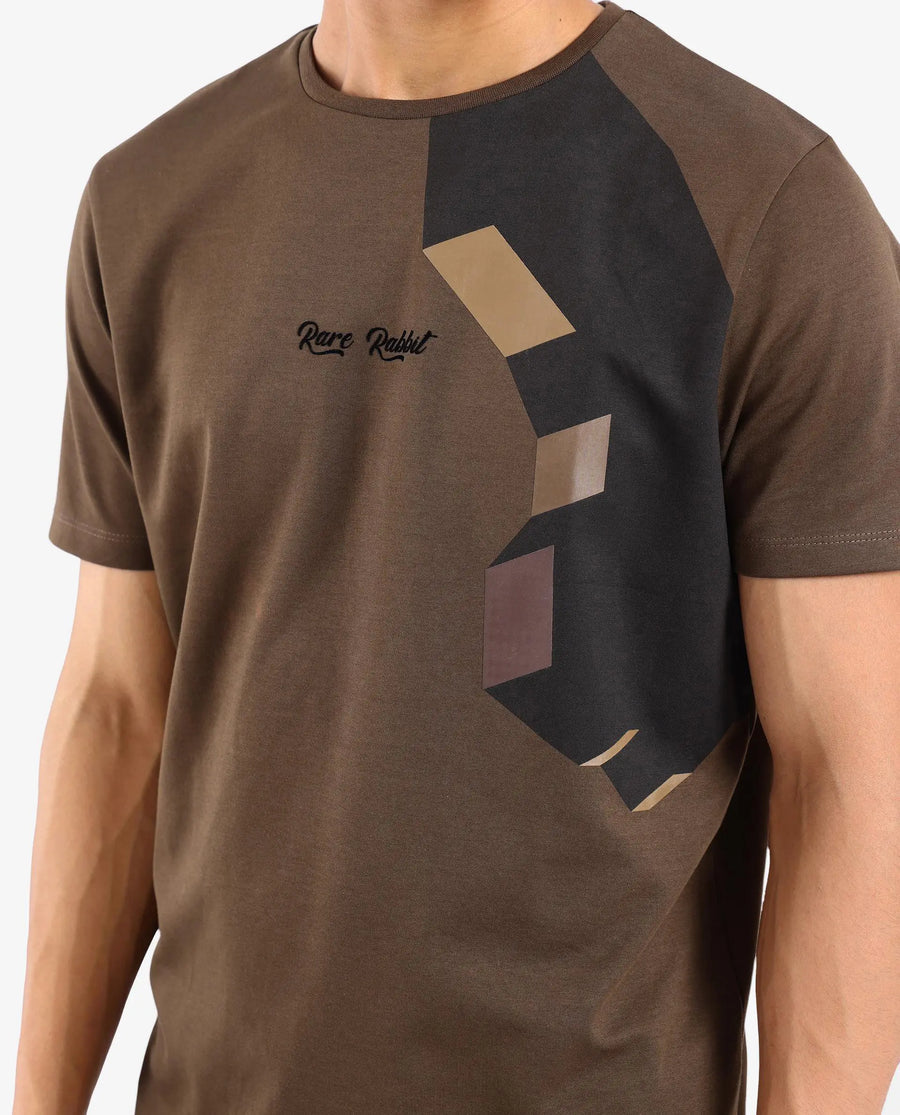 Rare Rabbit Men's Antu Olive Cotton Blend Graphic Print Regular Fit Half Sleeve Crew Neck T-Shirt
