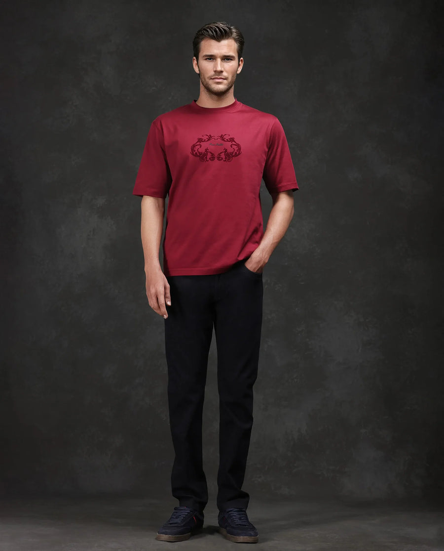 Rare Rabbit Men's Aon Dark Red Cotton Flock Print Barcelone Fit Half Sleeve Crew Neck T-Shirt