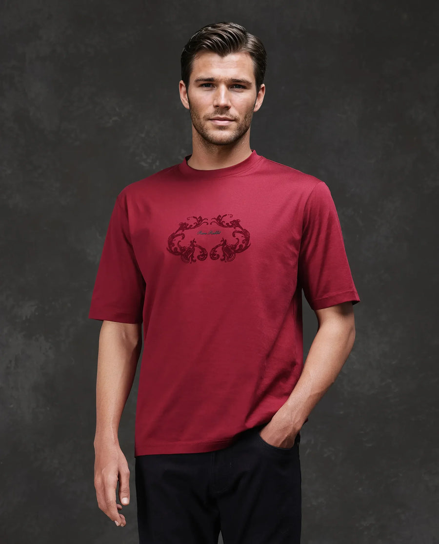 Rare Rabbit Men's Aon Dark Red Cotton Flock Print Barcelone Fit Half Sleeve Crew Neck T-Shirt