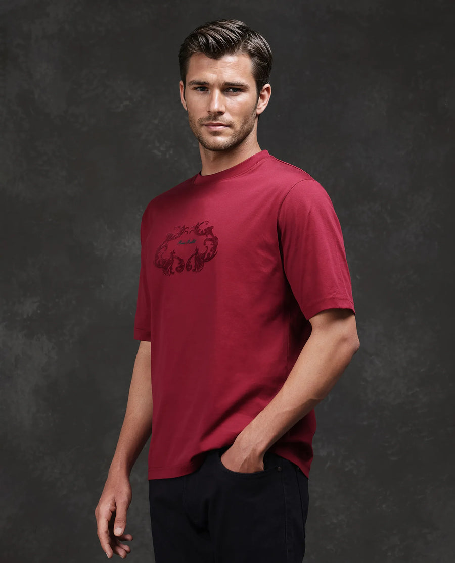 Rare Rabbit Men's Aon Dark Red Cotton Flock Print Barcelone Fit Half Sleeve Crew Neck T-Shirt