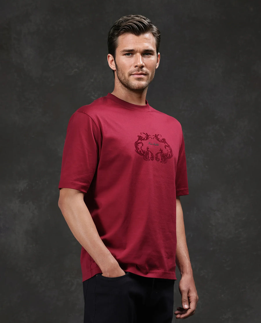Rare Rabbit Men's Aon Dark Red Cotton Flock Print Barcelone Fit Half Sleeve Crew Neck T-Shirt
