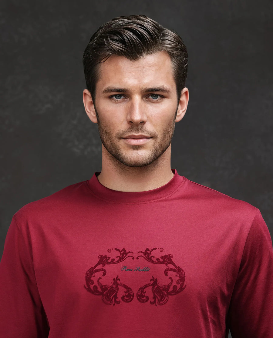 Rare Rabbit Men's Aon Dark Red Cotton Flock Print Barcelone Fit Half Sleeve Crew Neck T-Shirt
