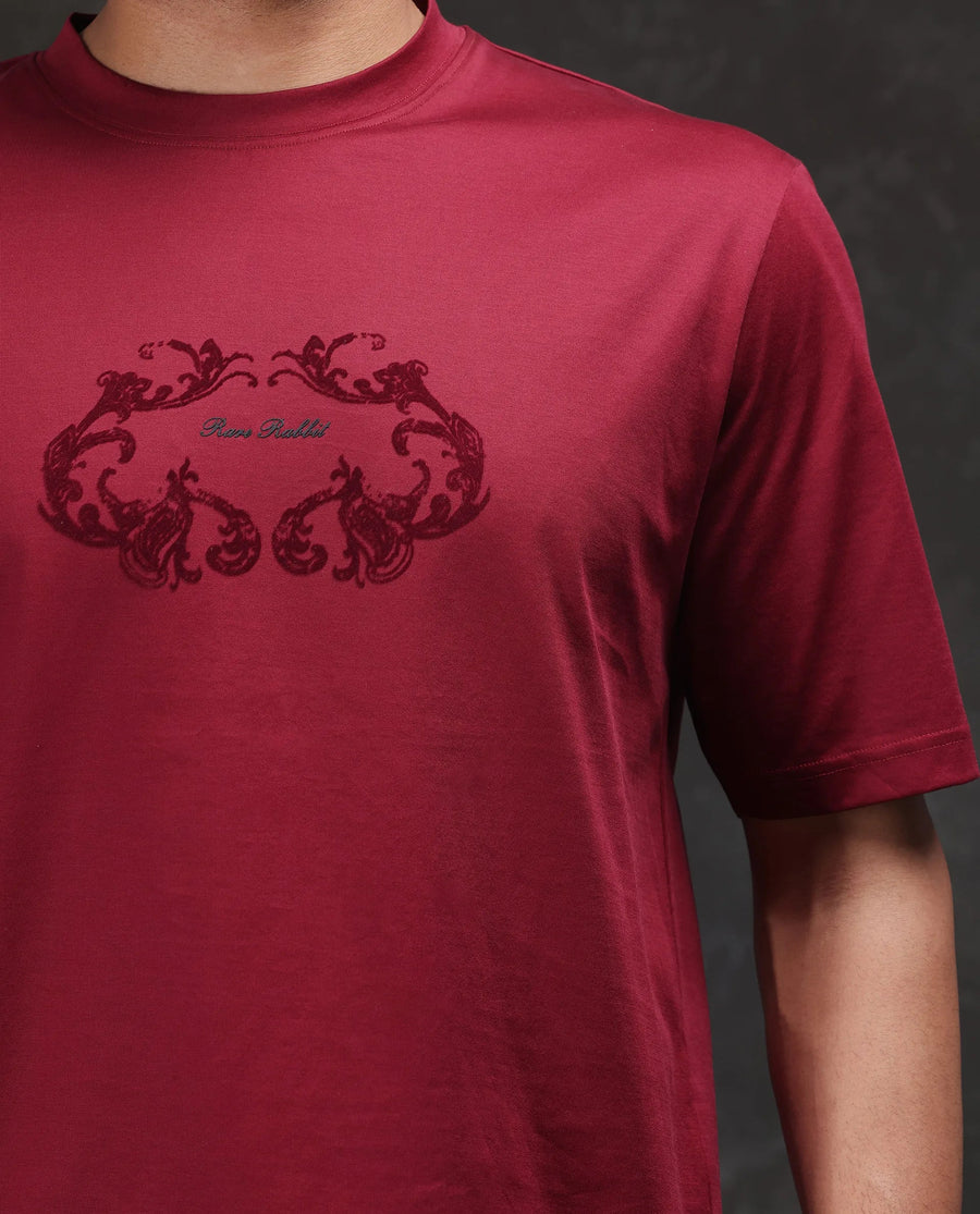 Rare Rabbit Men's Aon Dark Red Cotton Flock Print Barcelone Fit Half Sleeve Crew Neck T-Shirt