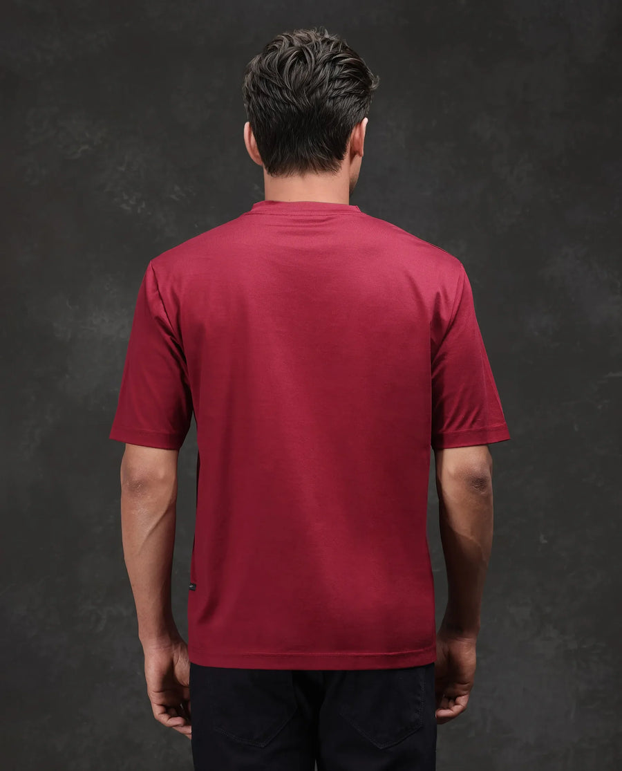 Rare Rabbit Men's Aon Dark Red Cotton Flock Print Barcelone Fit Half Sleeve Crew Neck T-Shirt