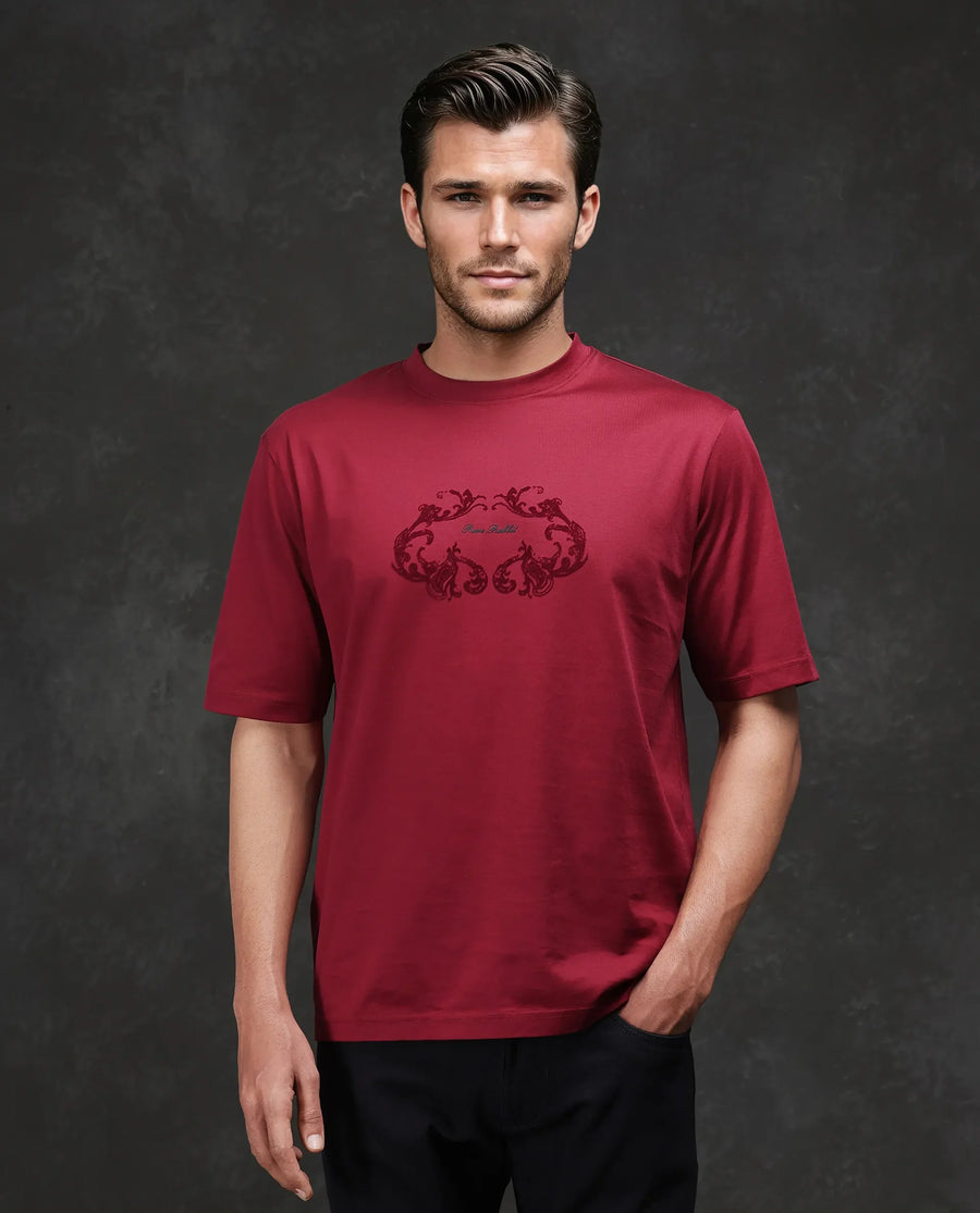Rare Rabbit Men's Aon Dark Red Cotton Flock Print Barcelone Fit Half Sleeve Crew Neck T-Shirt