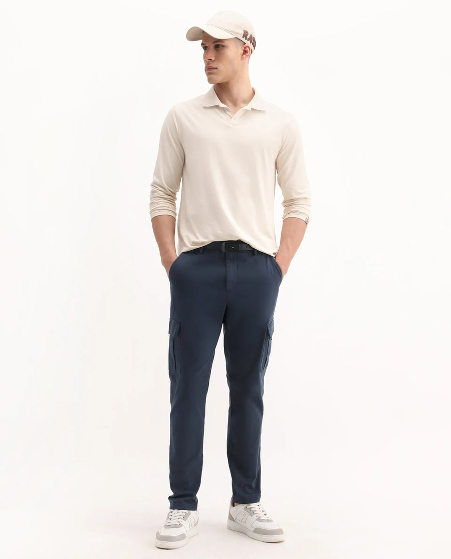 Rare Rabbit Men's Apex Navy Linen Blend Plain Regular Fit Trouser