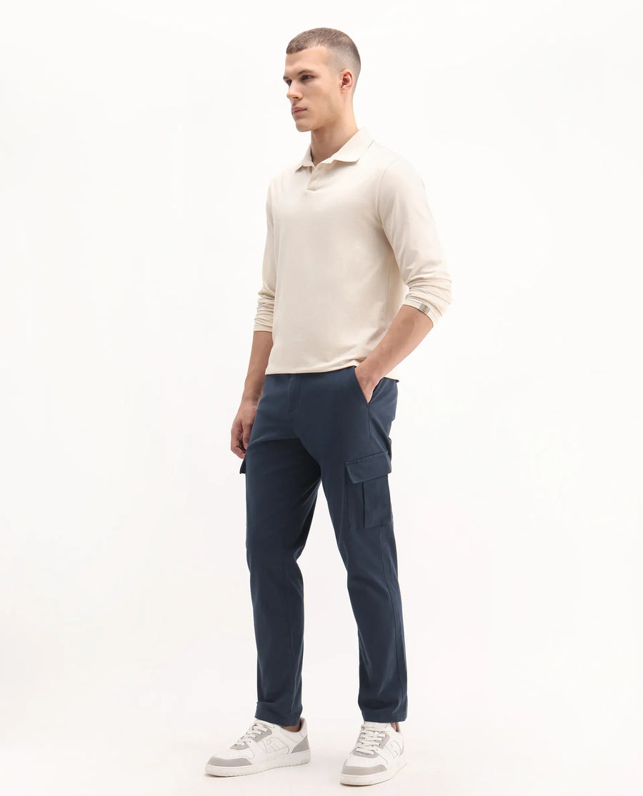 Rare Rabbit Men's Apex Navy Linen Blend Plain Regular Fit Trouser