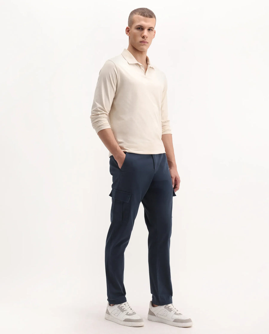 Rare Rabbit Men's Apex Navy Linen Blend Plain Regular Fit Trouser